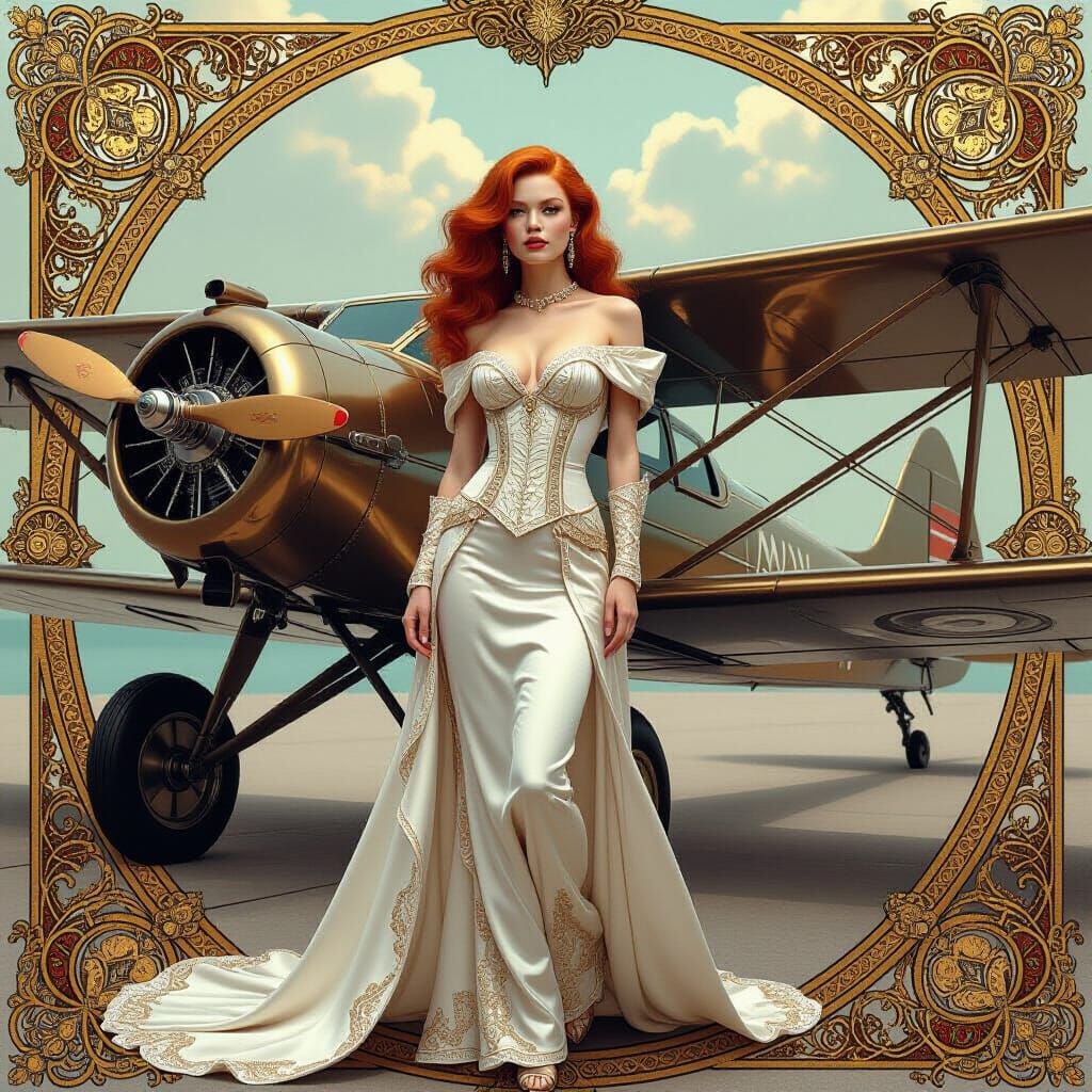 Baroque Model with Steampunk Biplane in Art Nouveau Style