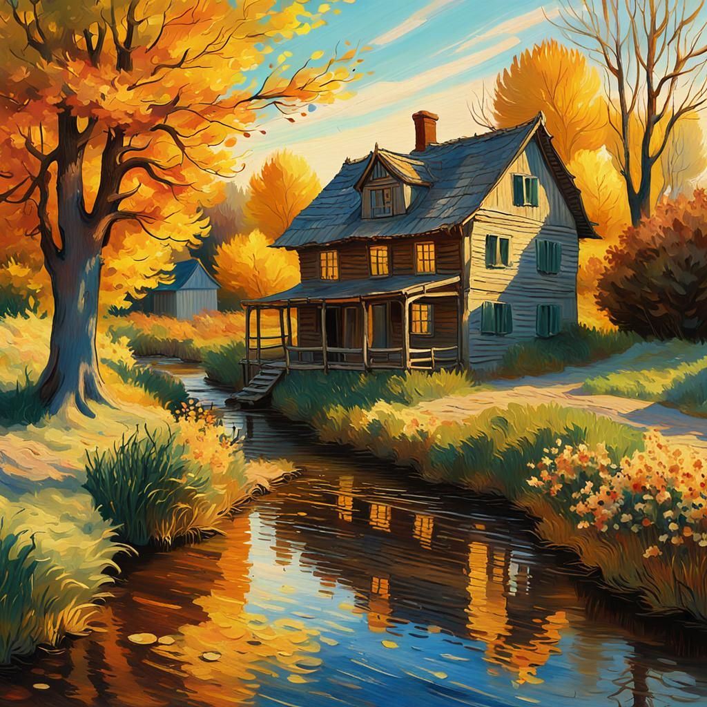 Old Wooden House in Autumn, Impressionist Painting