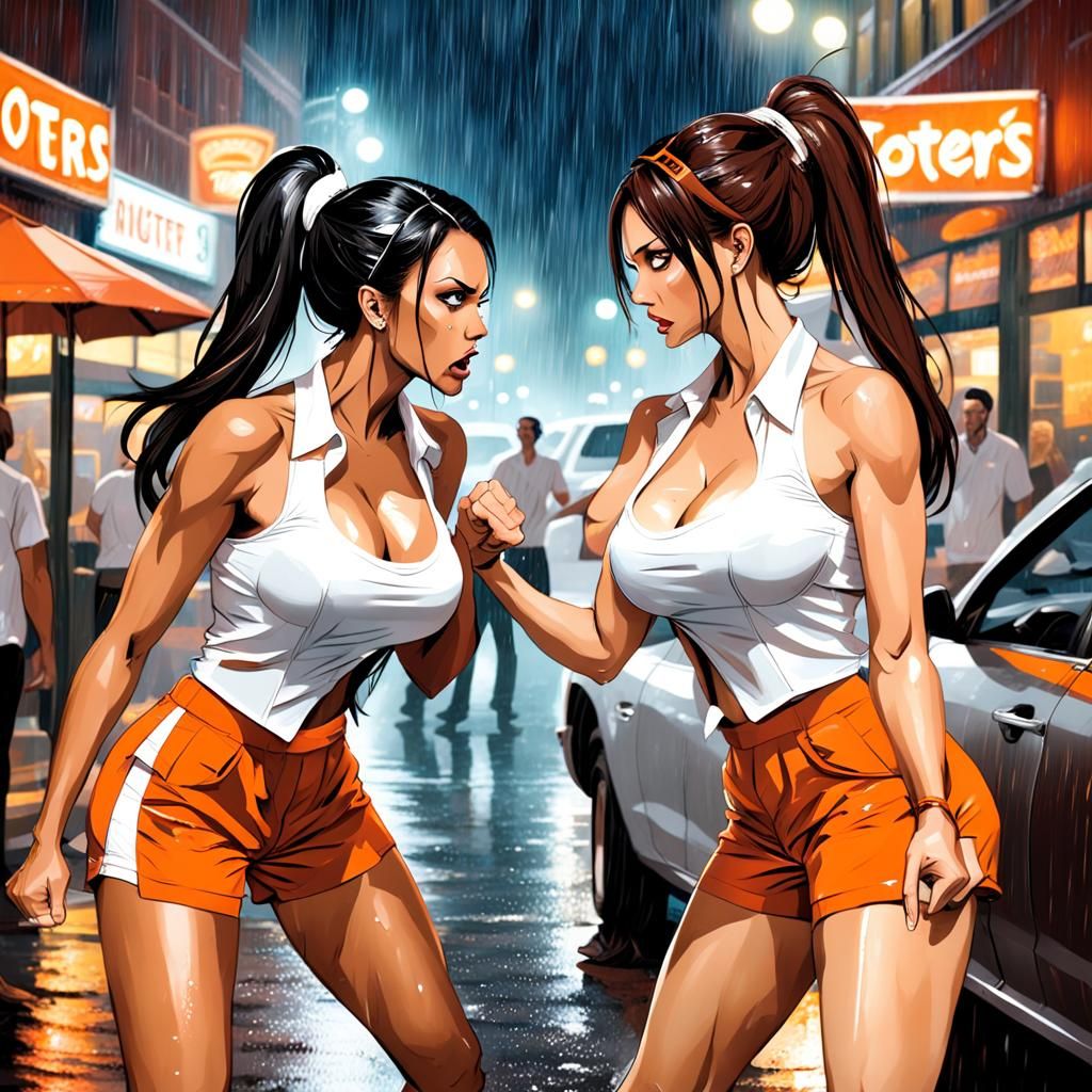 Waitresses' Staredown: A Dramatic Street Fight
