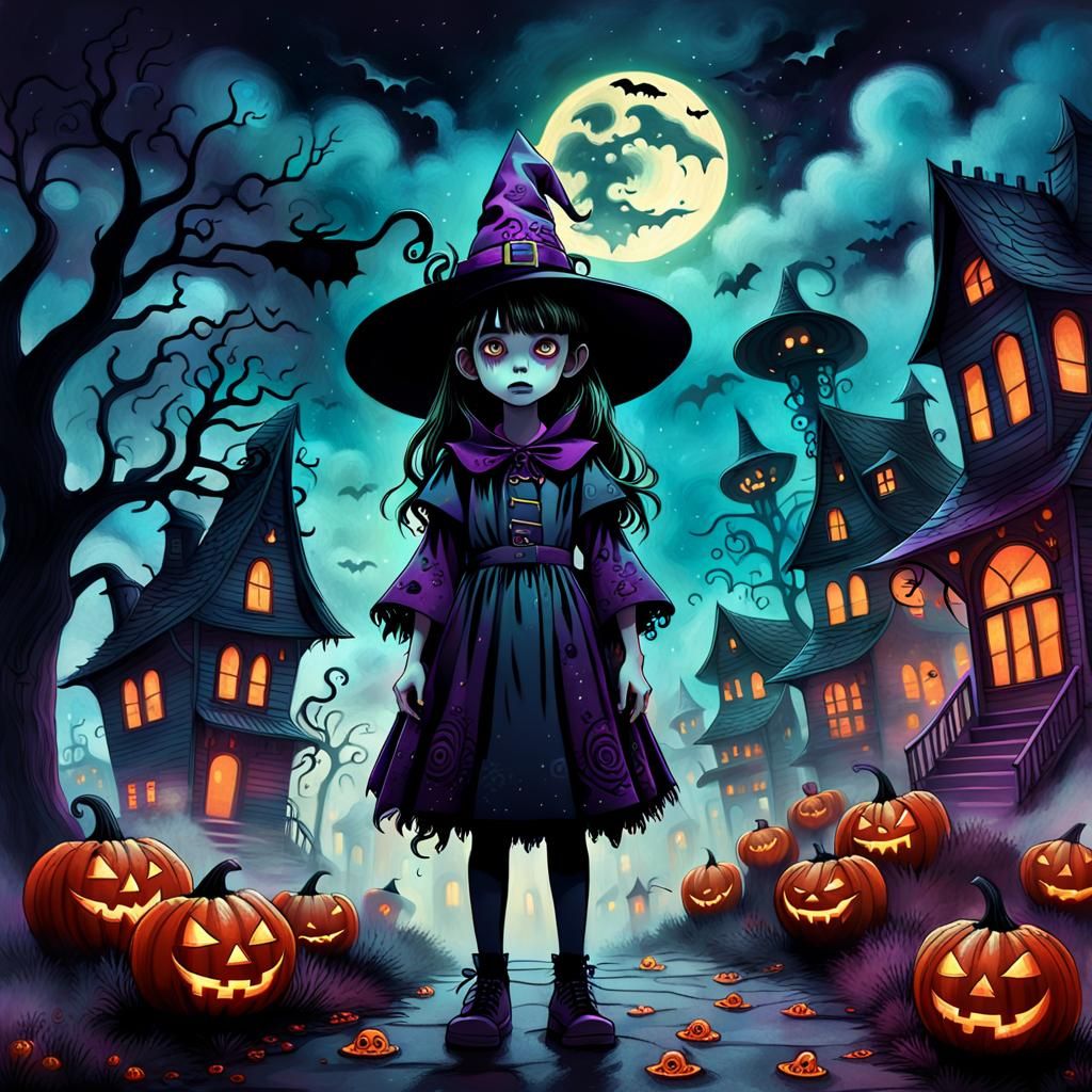 Eerie Anime Witch in Surreal Halloween Landscape
