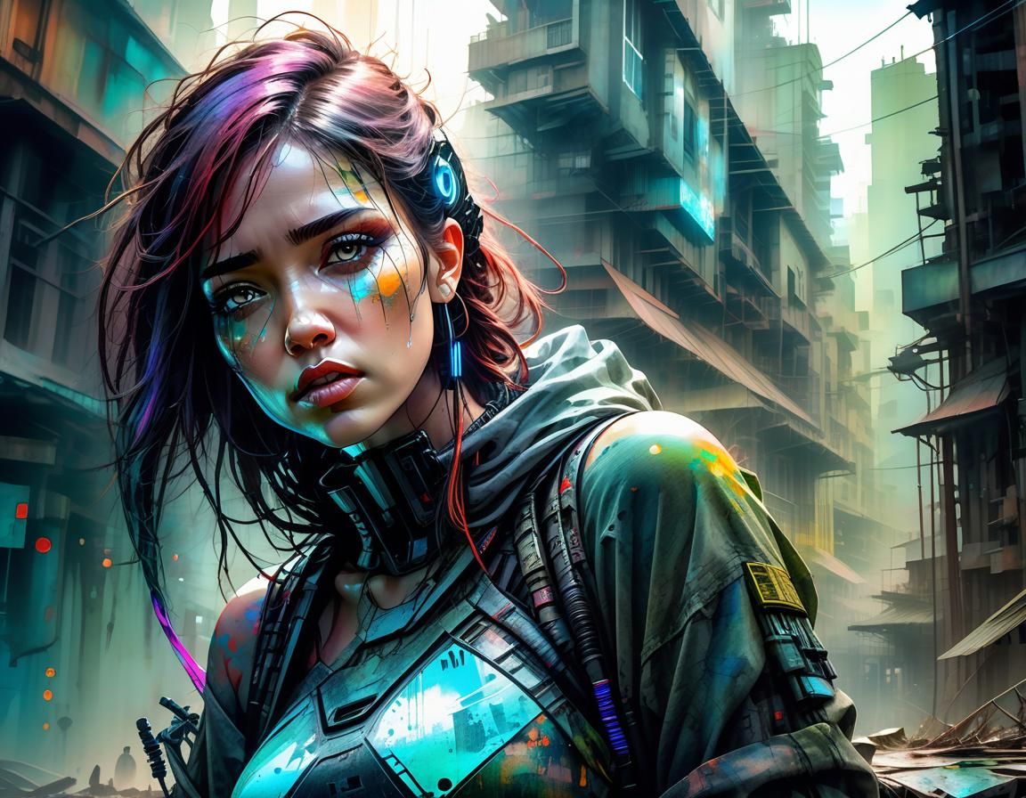 Distraught Woman with Cybernetics in Dystopian Future