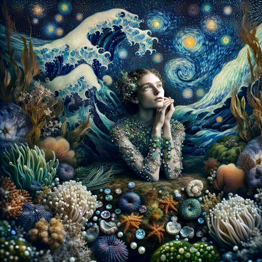 Underwater Starry Night: Mermaid's Dream in Maximalist Style