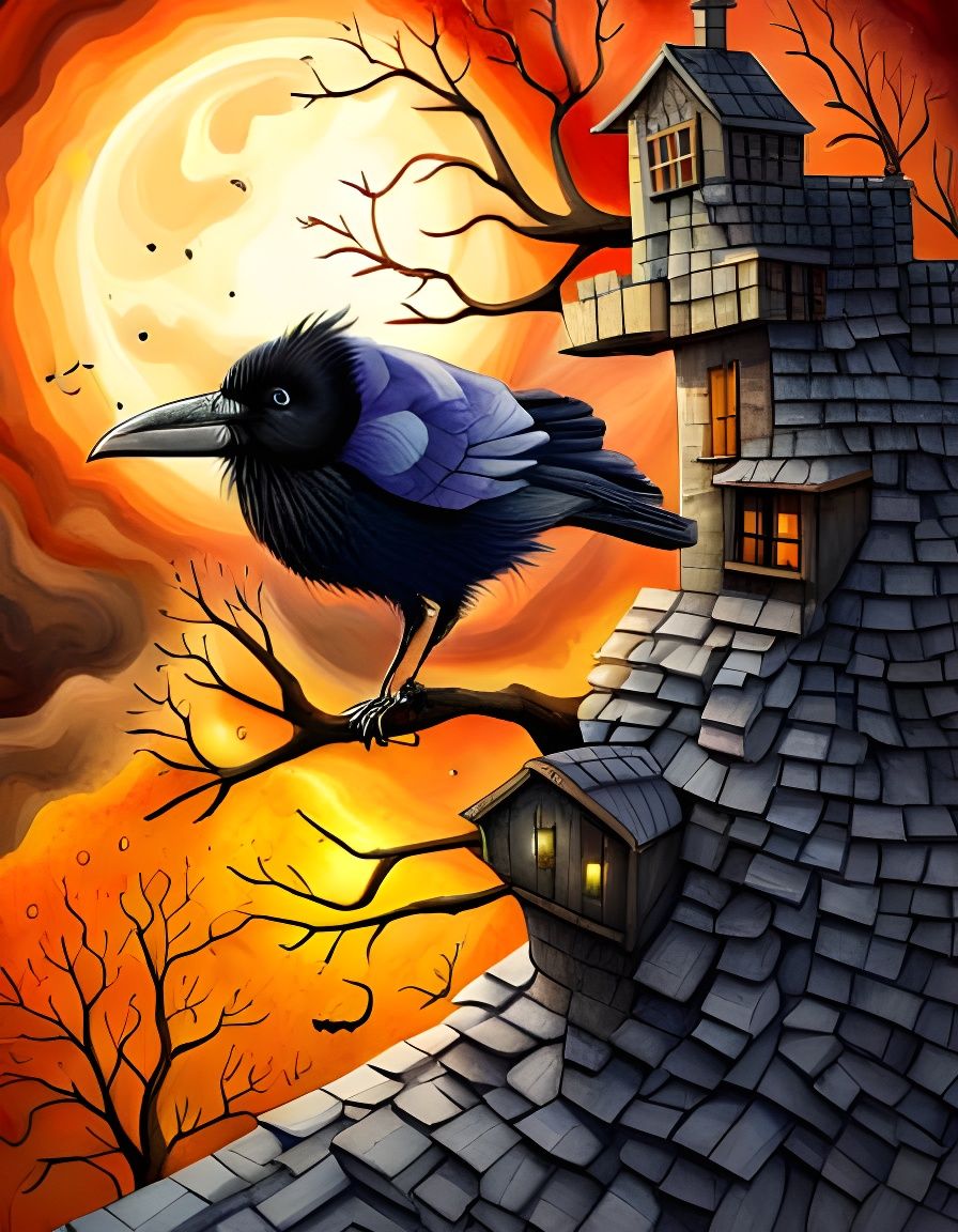 Halloween Raven in Cubist Watercolor Style