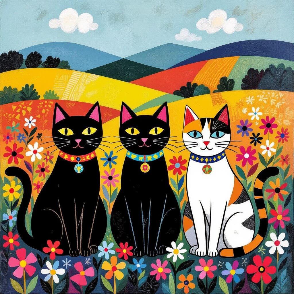 Three Cats in Vibrant Field, Cubist-Abstract Style