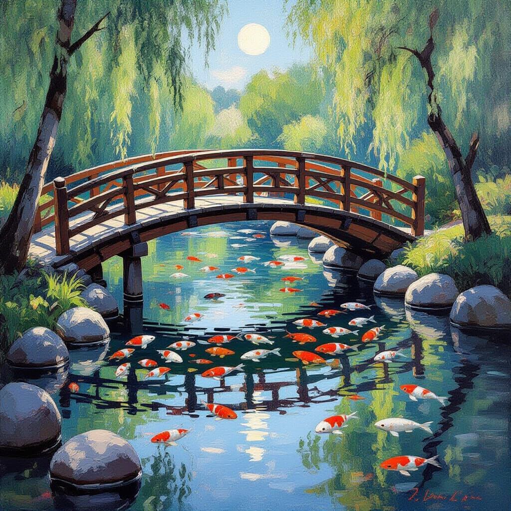 Japanese Bridge with Koi Pond in Impressionist Style