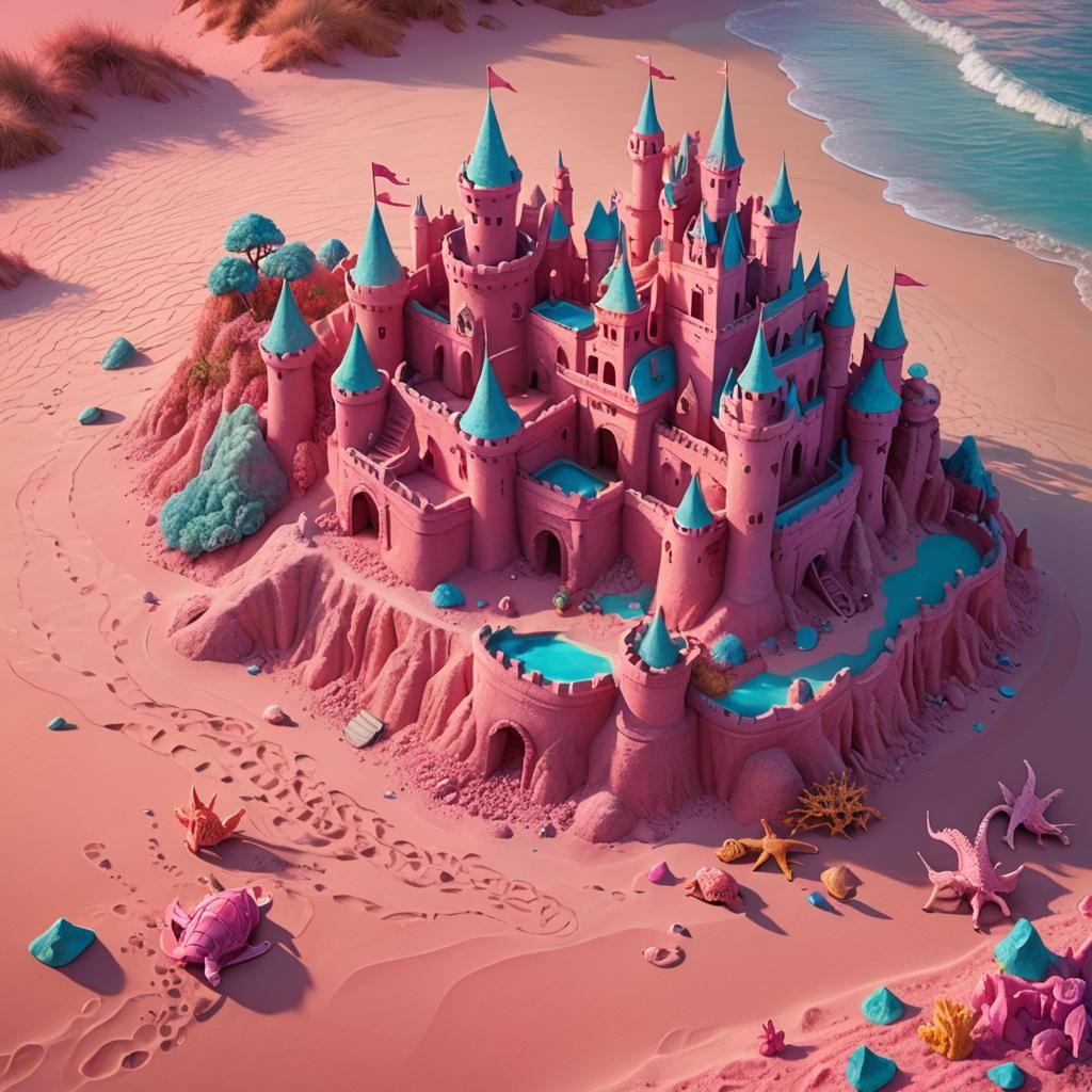 Pink Sand Castle Sunset: a Whimsical Matte Painting