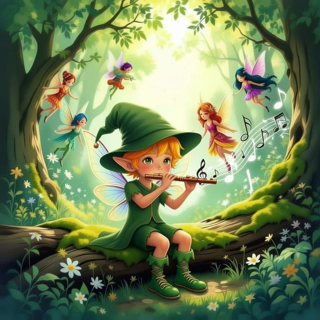 Fairytale Forest Scene: Child and Fairies in Sunlight