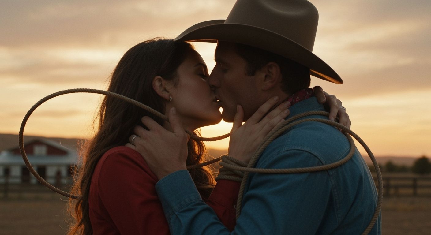 Passionate Cowboy Kiss Tied by Lasso at Sunset