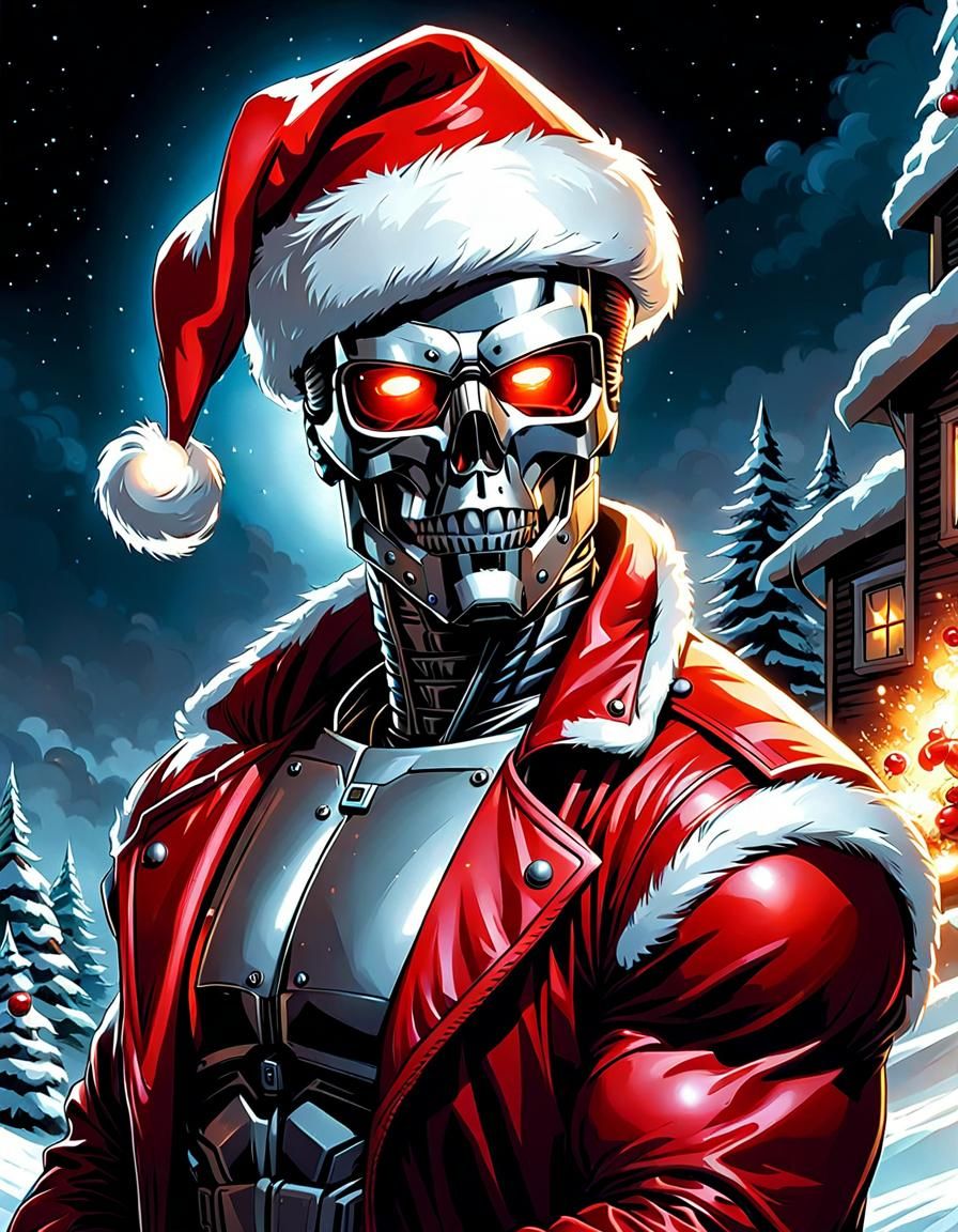 Terminator as Santa Claus in Comic Book Art
