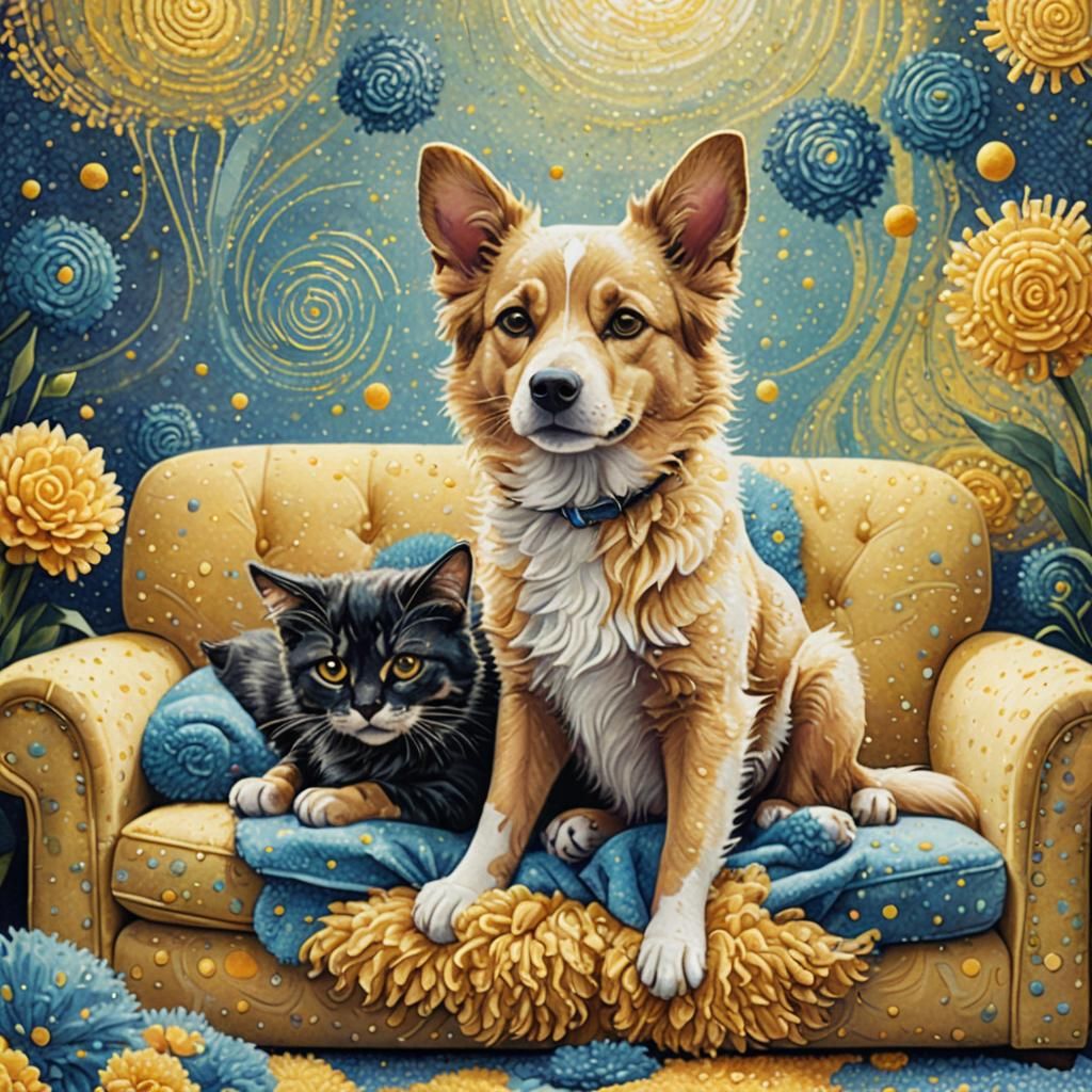 Dog and Cat on Couch in Pointillist Style