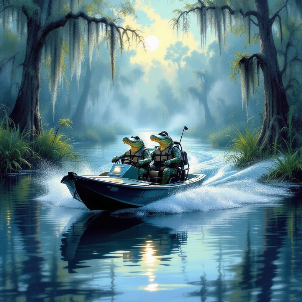 Alligator Drives Airboat Through Misty Swamp