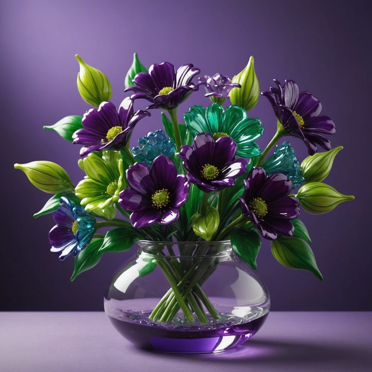 Hyperrealistic Glass Flowers Centerpiece in Splash Art Style