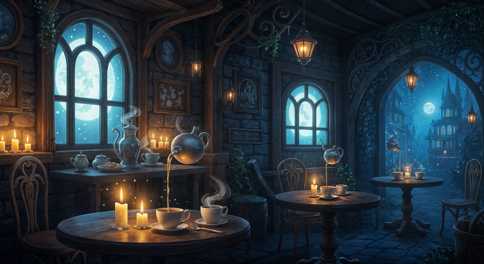 Enchanted Faerie Coffeehouse Bathed in Moonlight