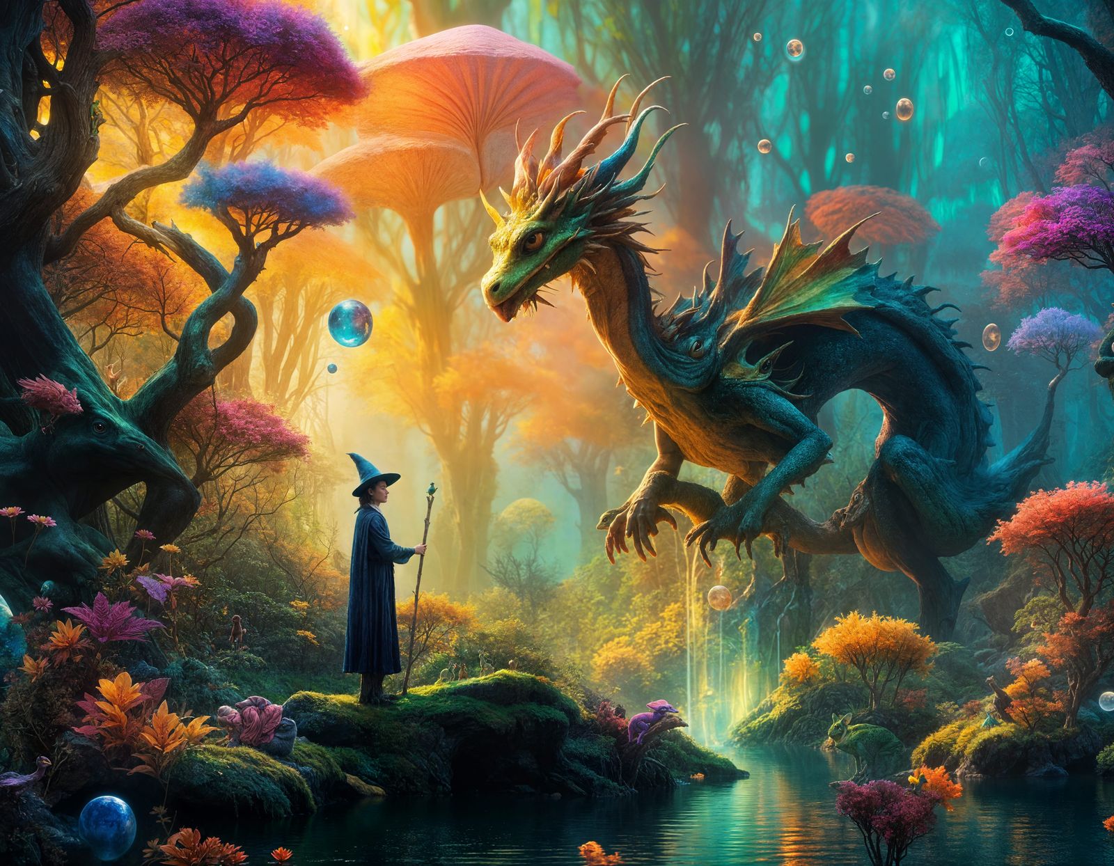 Magical Forest Landscape with Fantasy Creatures