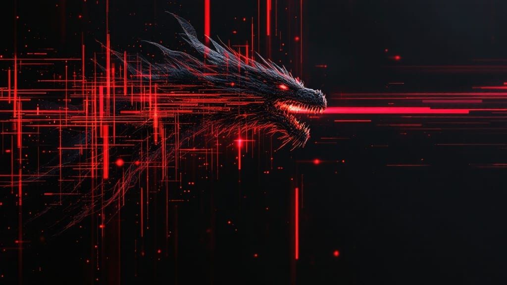Glowing Red Dragon in Flight, Cyberpunk Art