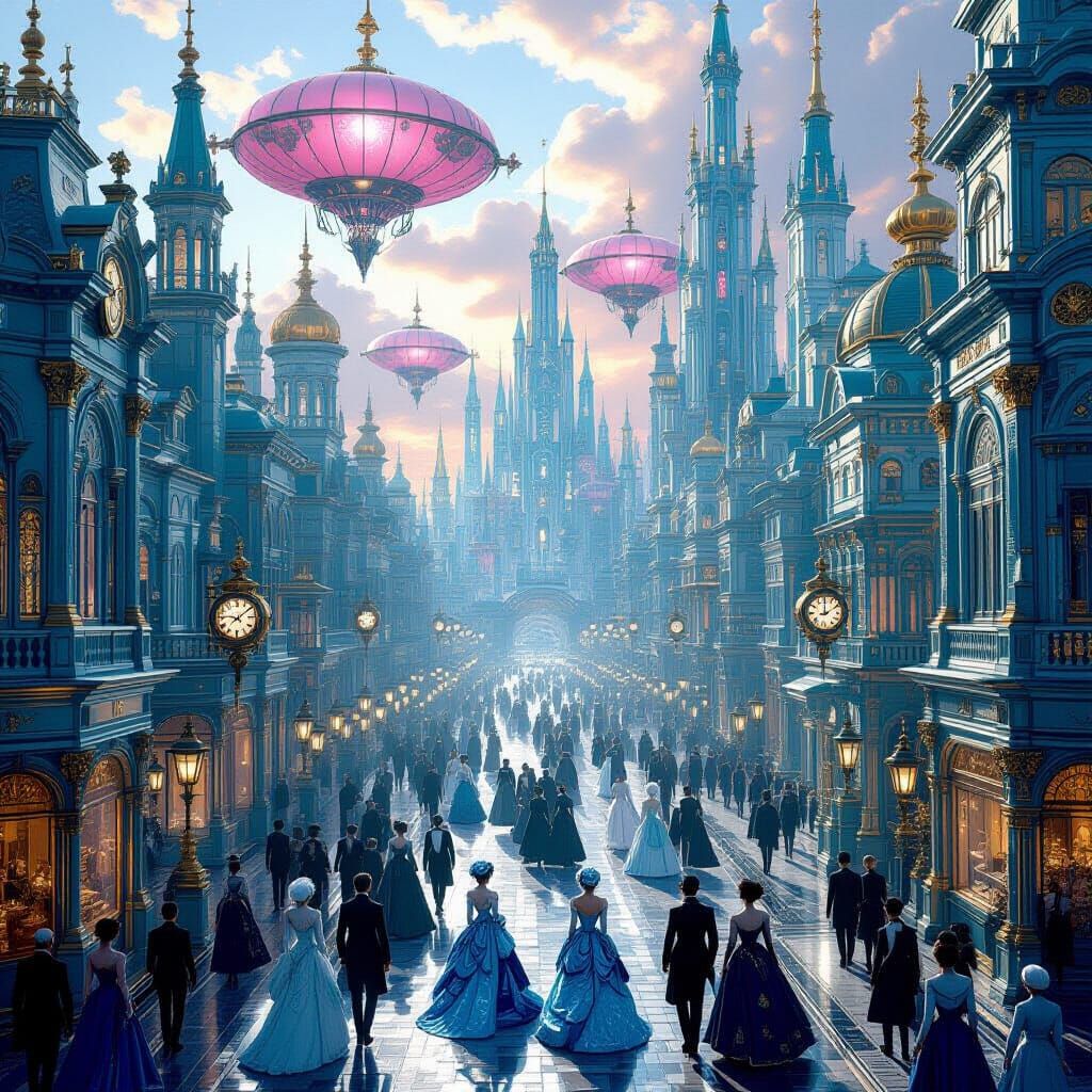 Futuristic Victorian Society in Shades of Blue and Green