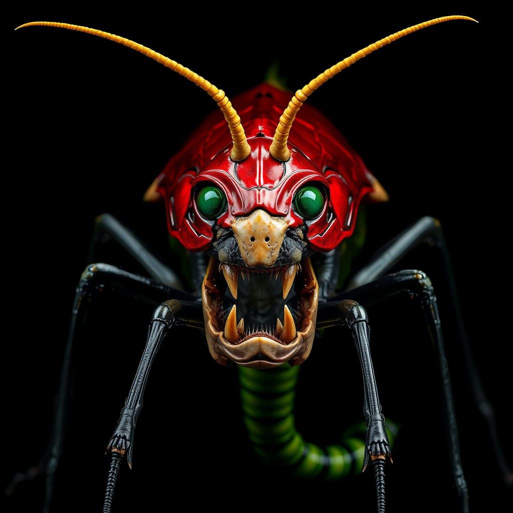 Crimson Mantis-Like Creature with Deadly Razor-Sharp Teeth