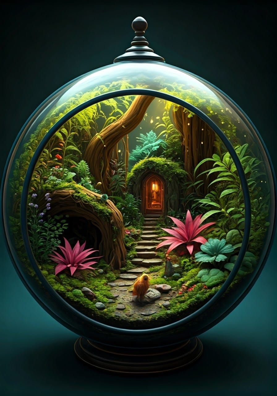 Enchanted Glass World with Whimsical Forest Creatures