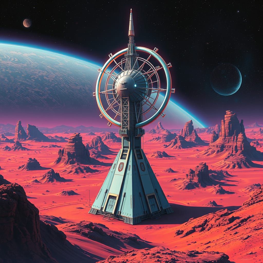 Glowing Cosmic Spire Rises from Barren Red Planet