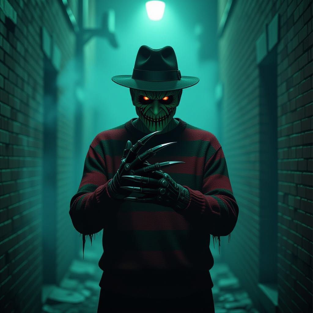Terrifying Freddy Krueger in Smoky Alleyway