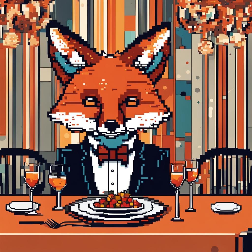 Pixel art of An anthropomorphic fox wearing a tuxedo at a di...