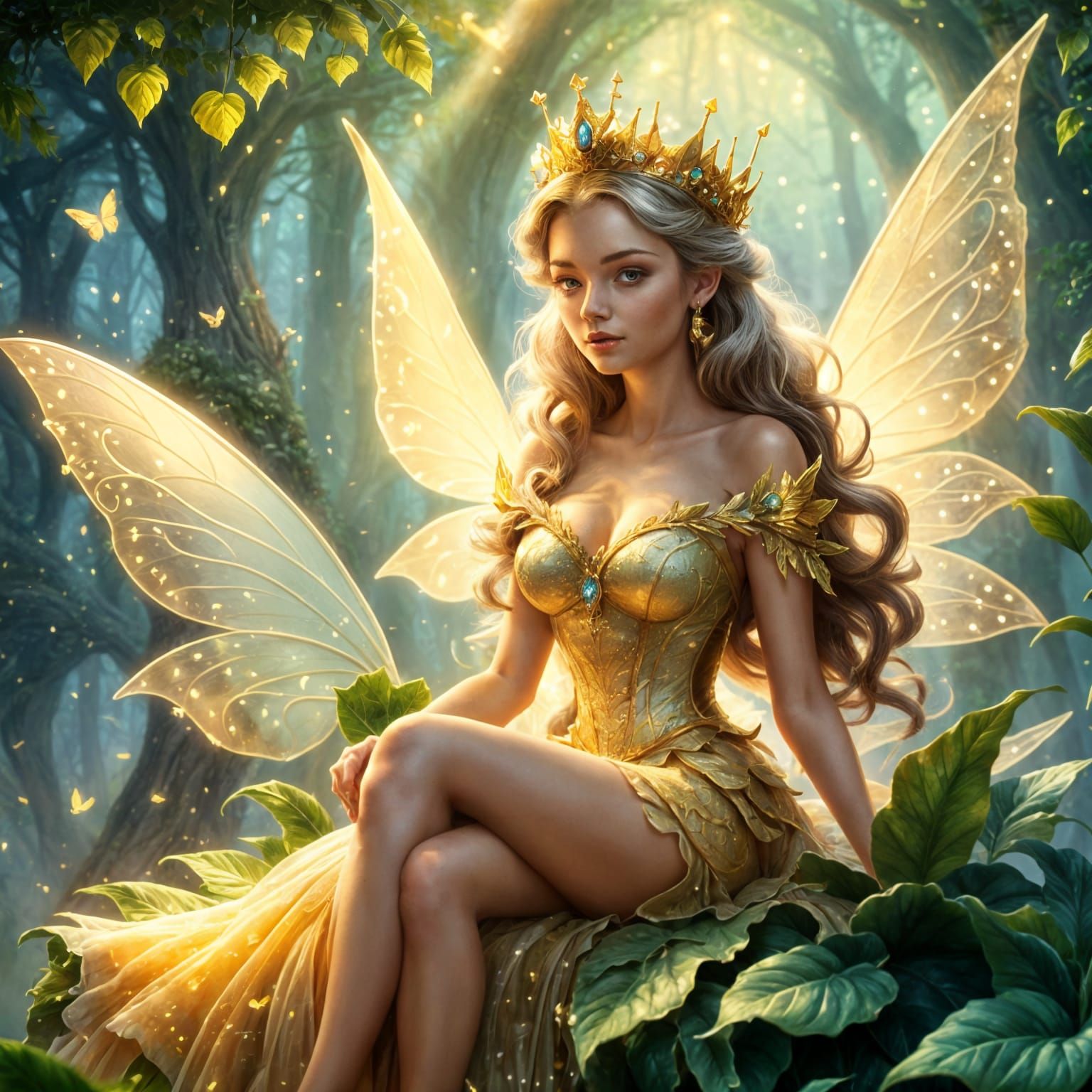 Cartoon Fairy Queen on Leaf Throne