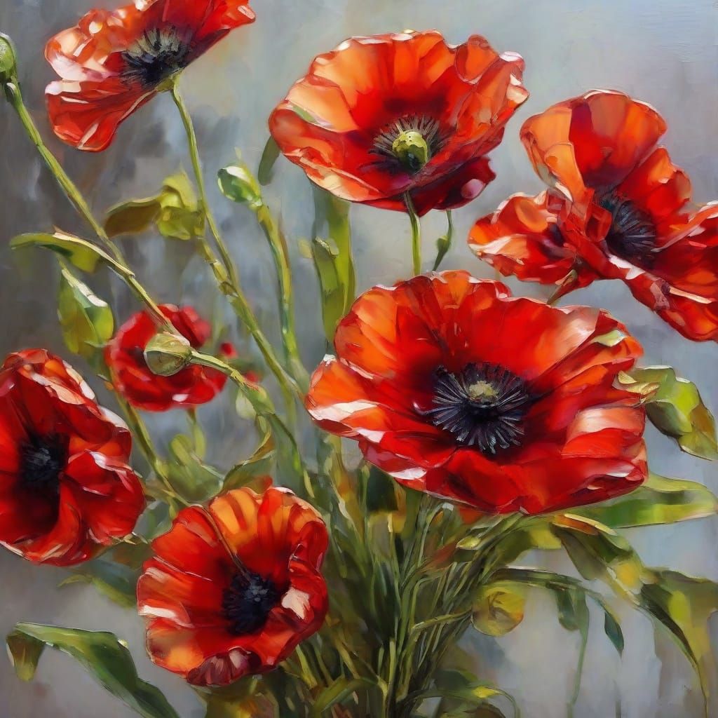 Impasto Oil Painting of Swirling Poppies in Art Nouveau Styl...