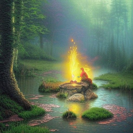 Fiery Druid in Misty Swamp, Ethereal Fantasy Art