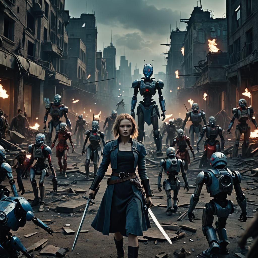 Babydoll and Warriors in Ruined Cityscape