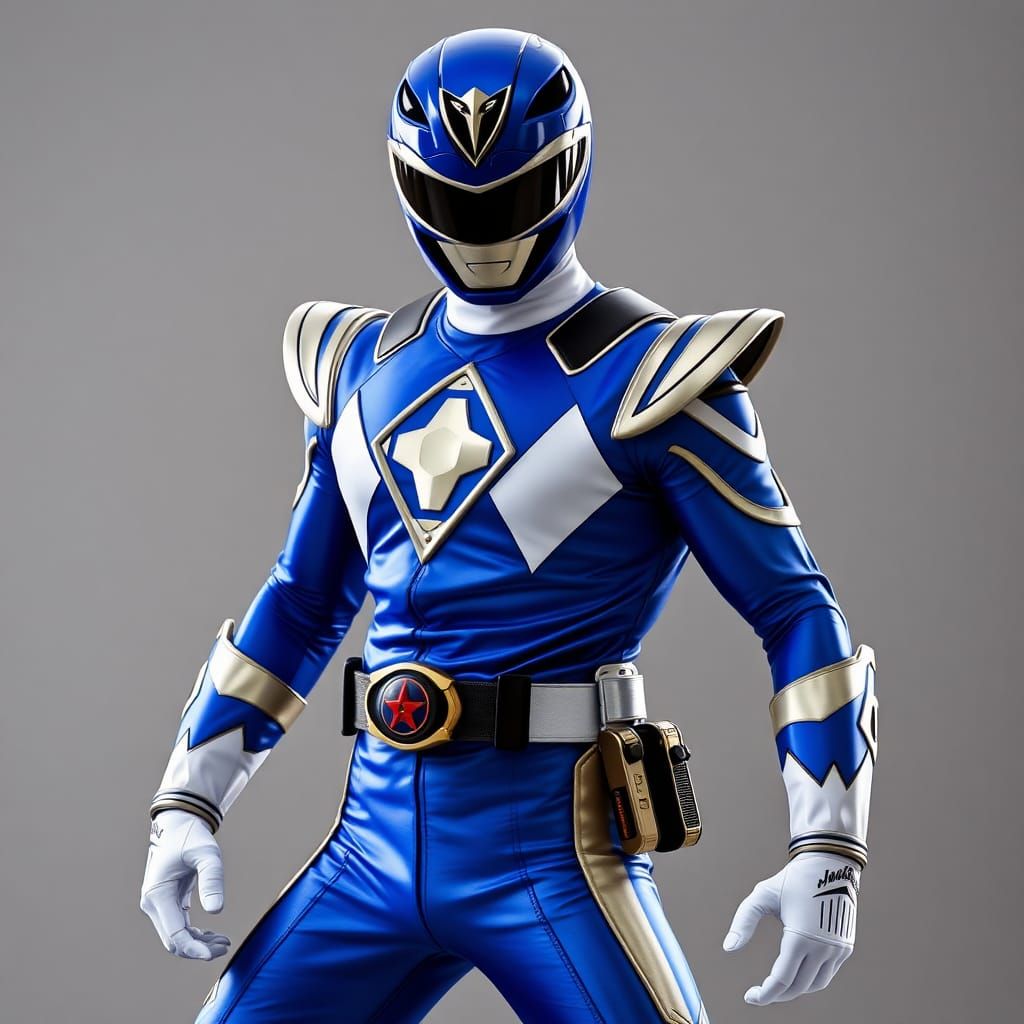 Blue Power Ranger Billy Cranston's costume with a focus on a...
