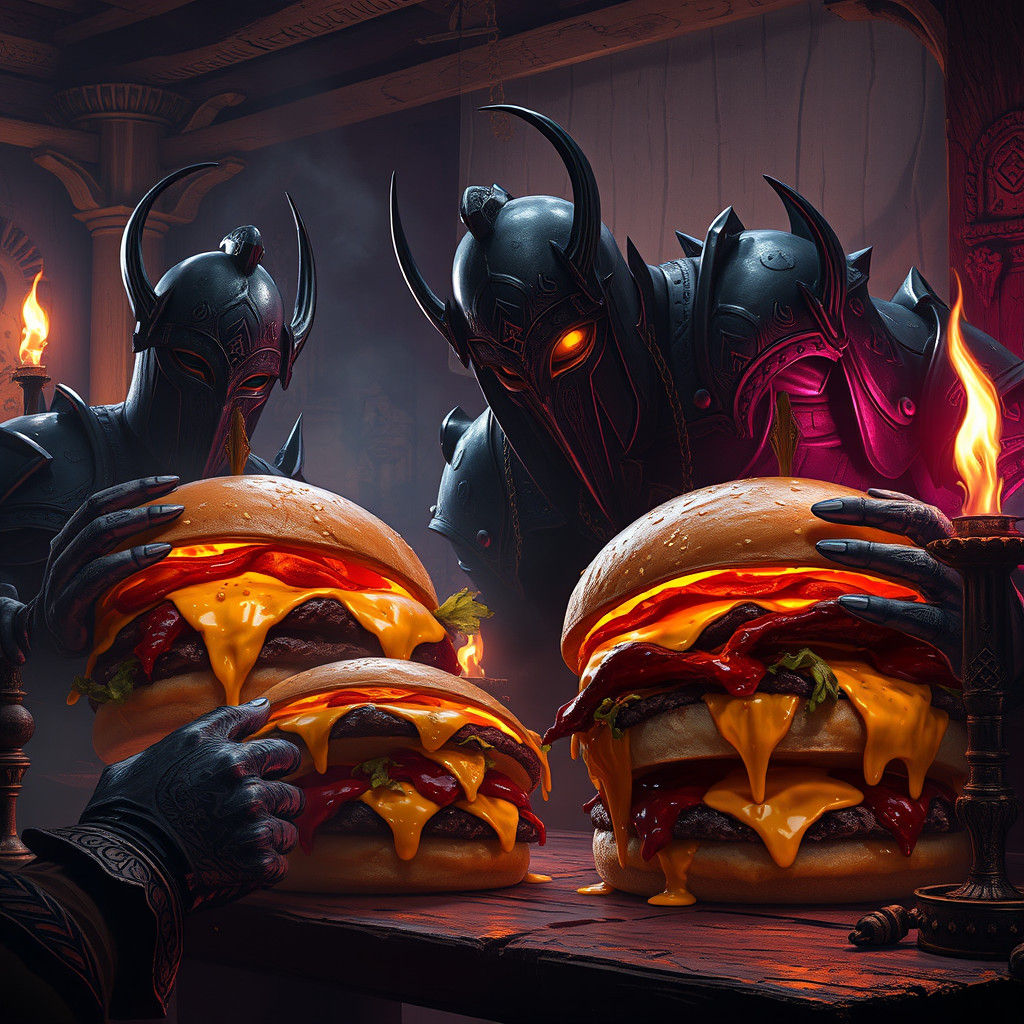 Armored Warriors Devouring Burgers in Mystical Tavern