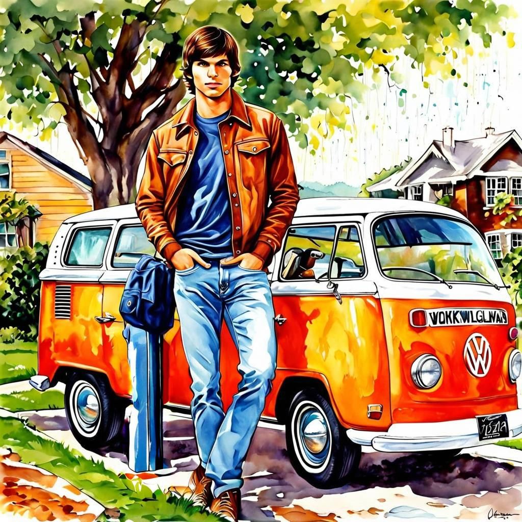 Retro Van in Driveway, 1970s Americana