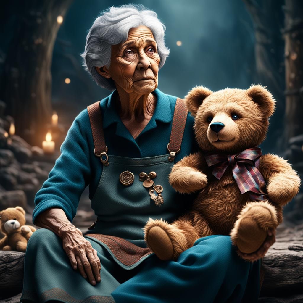 Elderly Woman with Teddy Bear: Fantasy Art
