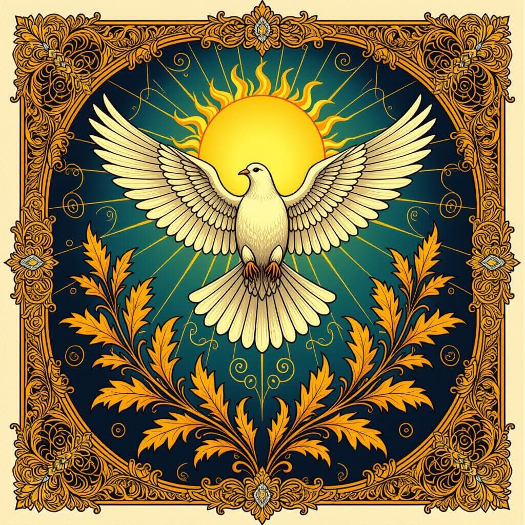 Dove Descending from Sun with Golden Leaves in Art Nouveau S...