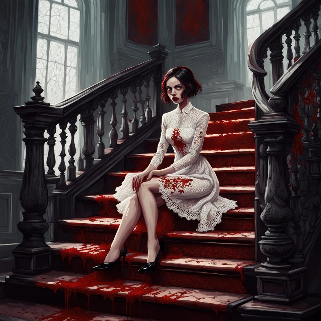 Sinister Woman in Lace Dress on Stairs