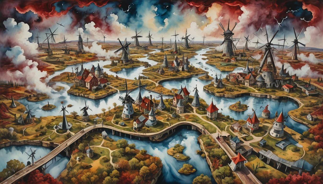 Surreal Chessboard Landscape with Windmills in Oil Painting ...