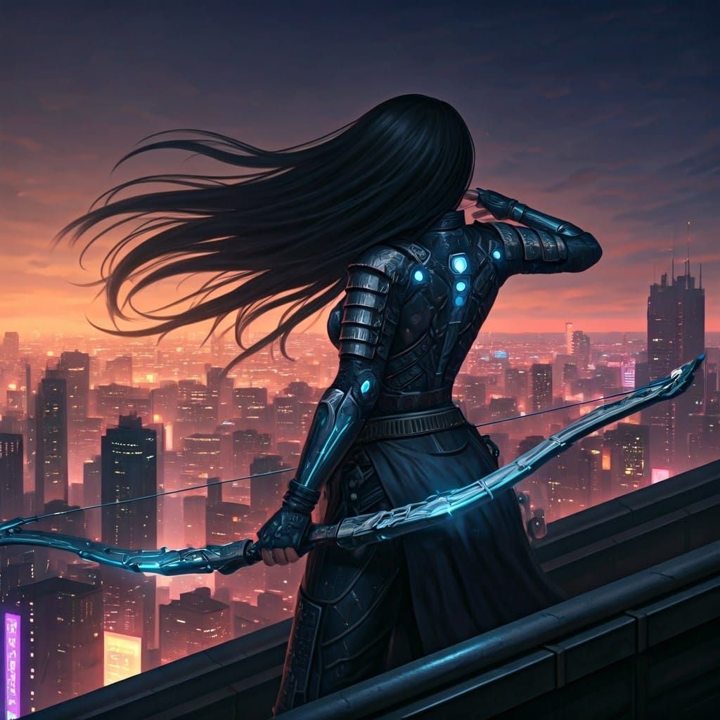 Cyberpunk Street Samurai on Rooftop at Dusk
