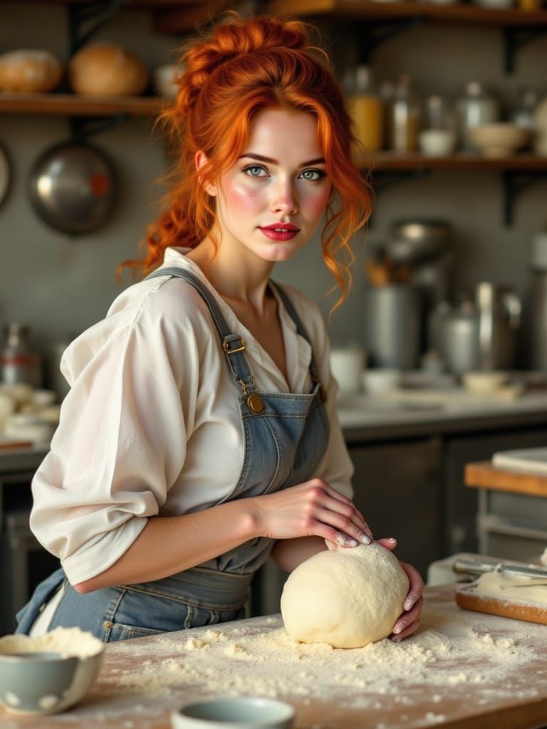 Redhead Baker Kneading Dough in Bustling 1500s Kitchen