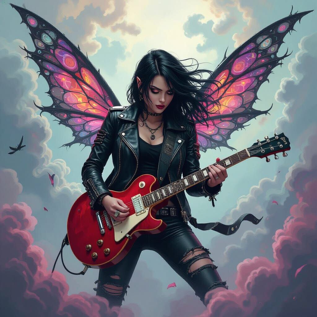 Metalhead Fairy Plays Guitar in Psychedelic Noir