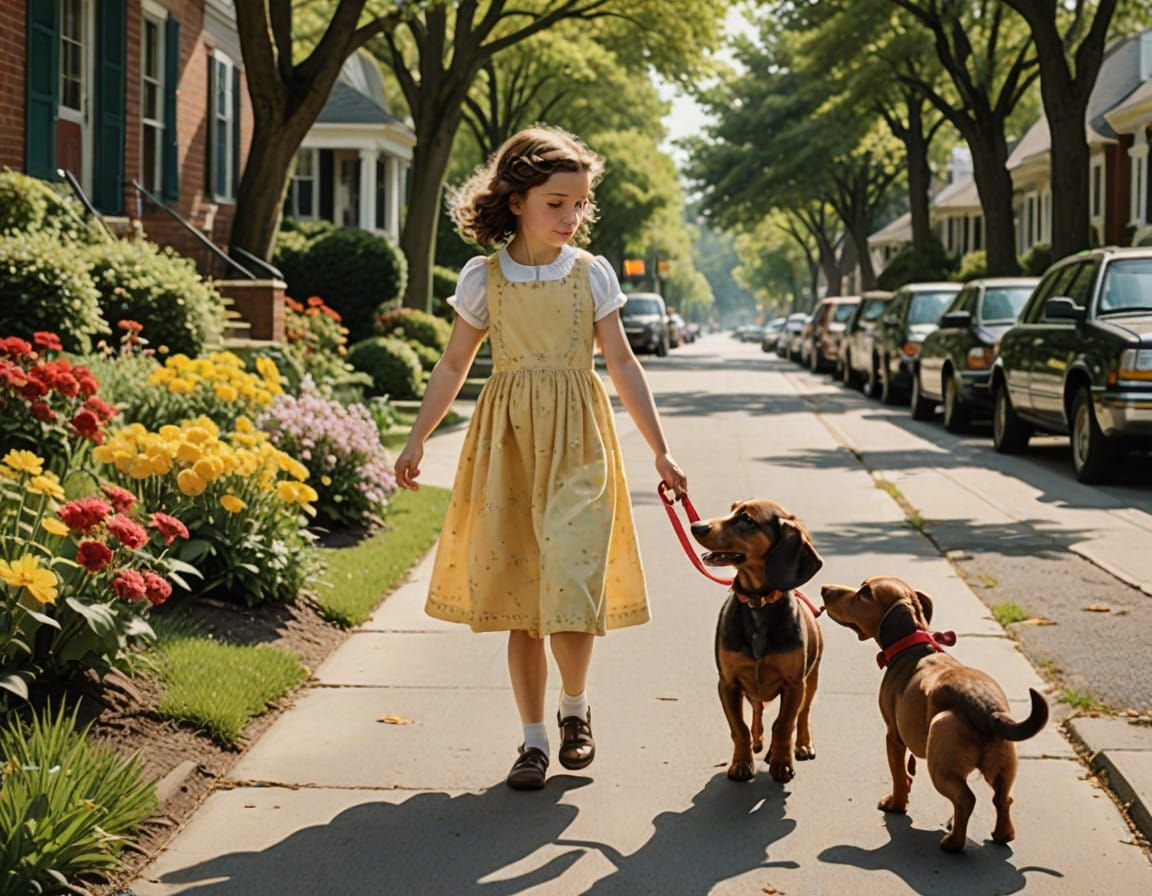 Whimsical Girl and Dachshund Stroll on a Sunny Suburban Stre...