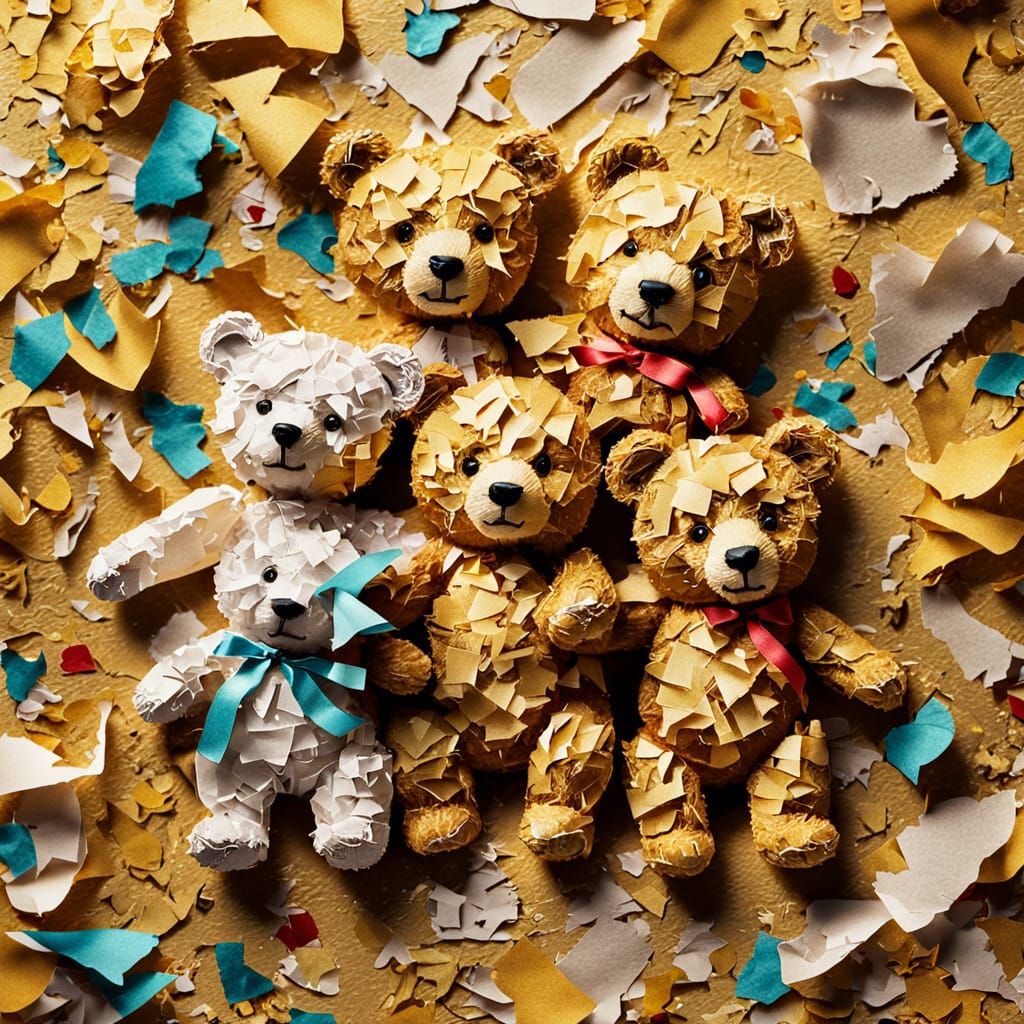 Mischievous Teddy Bears Play in Paper Collage