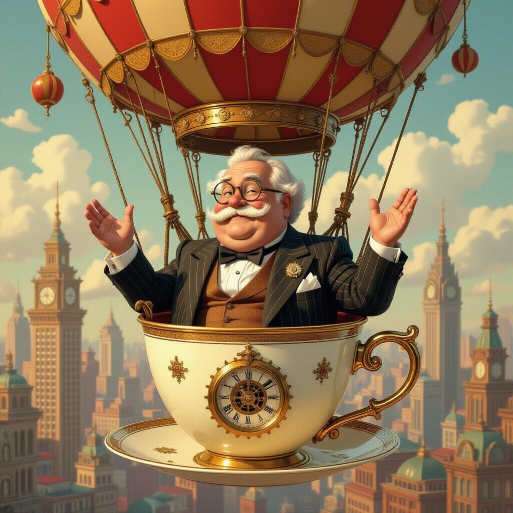 Steampunk Gentleman in Teacup Balloon Over Art Deco City