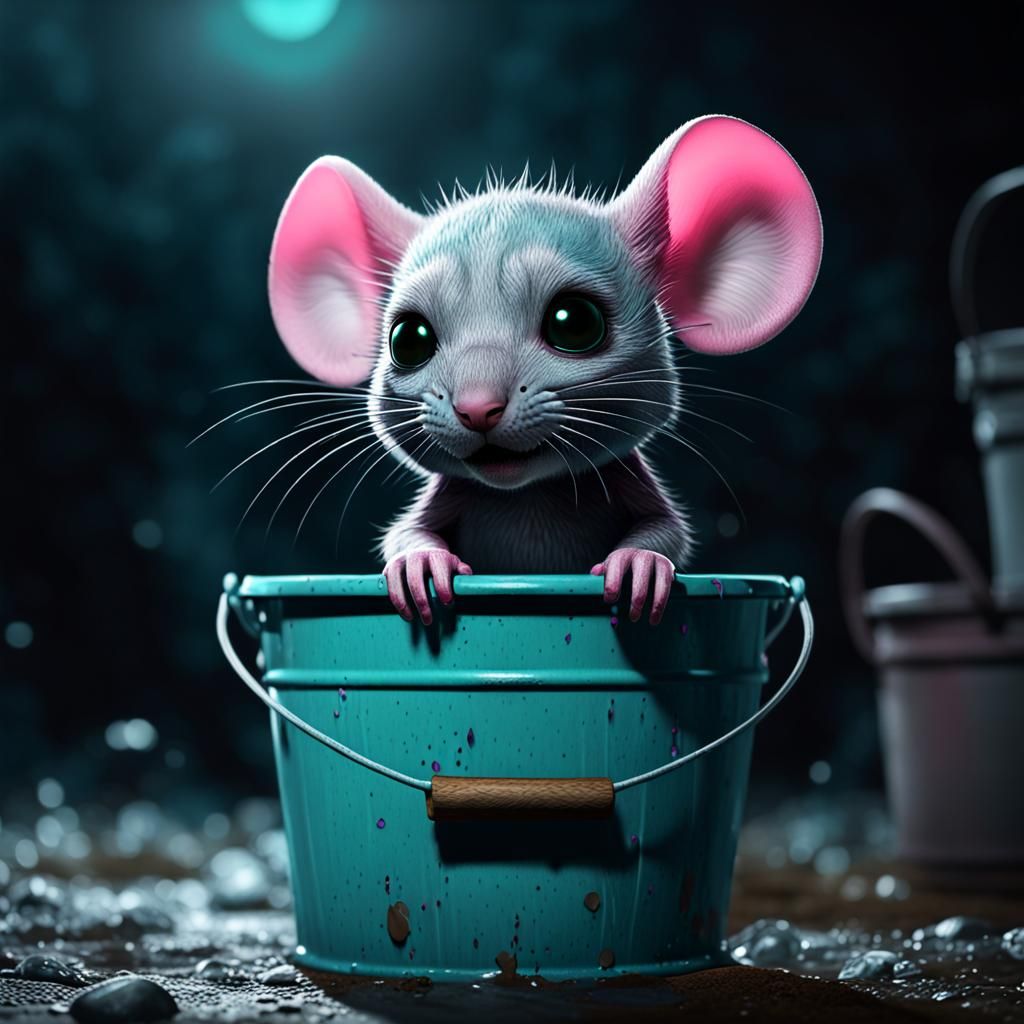 Aqua Chibi Mouse in Apocalyptic Scene, Dark Fantasy Art