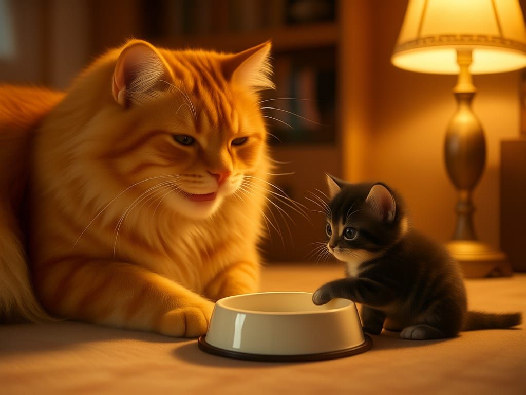 Smiling Cat Carries Kitten Indoors