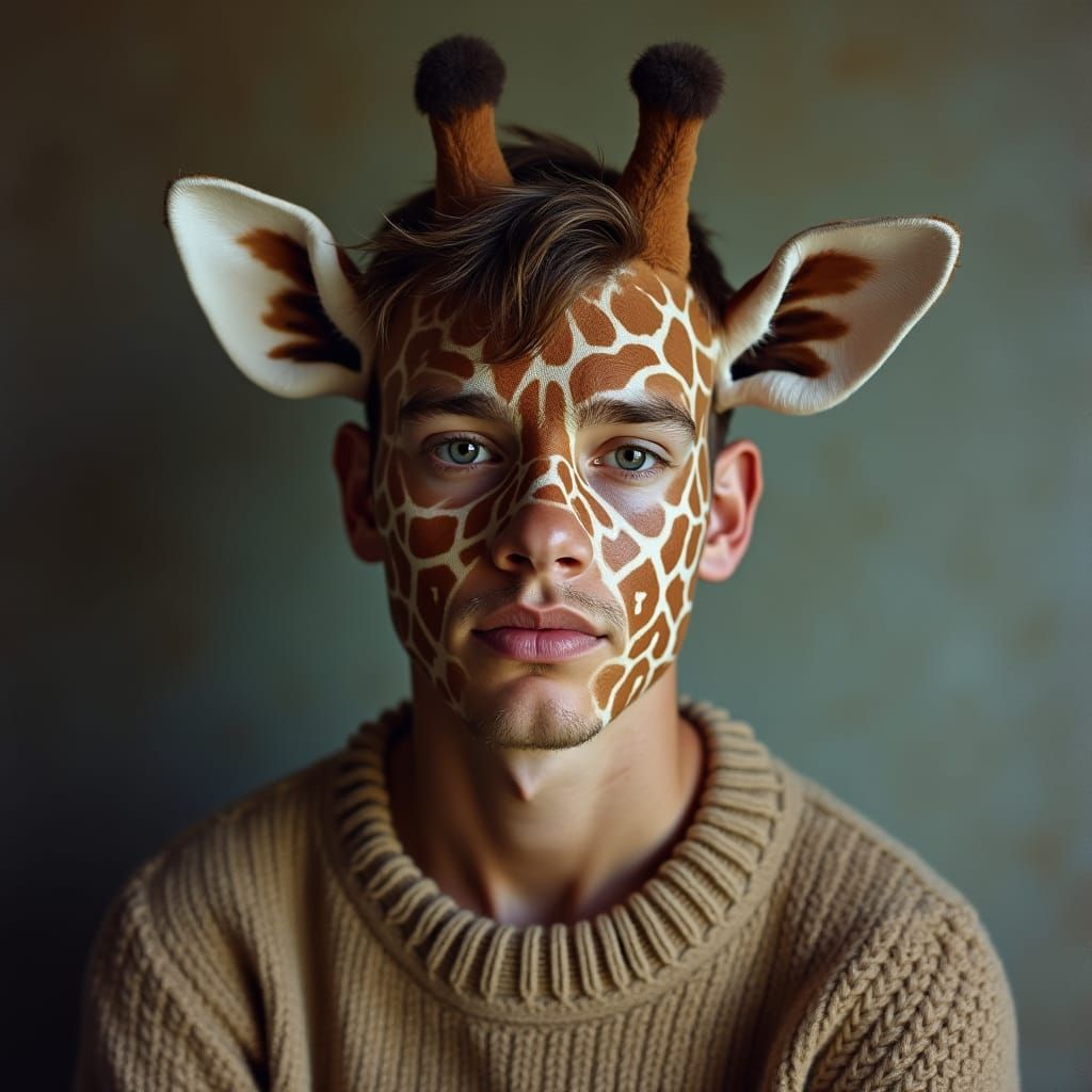 Surreal Portrait of Young Man with Giraffe Pattern