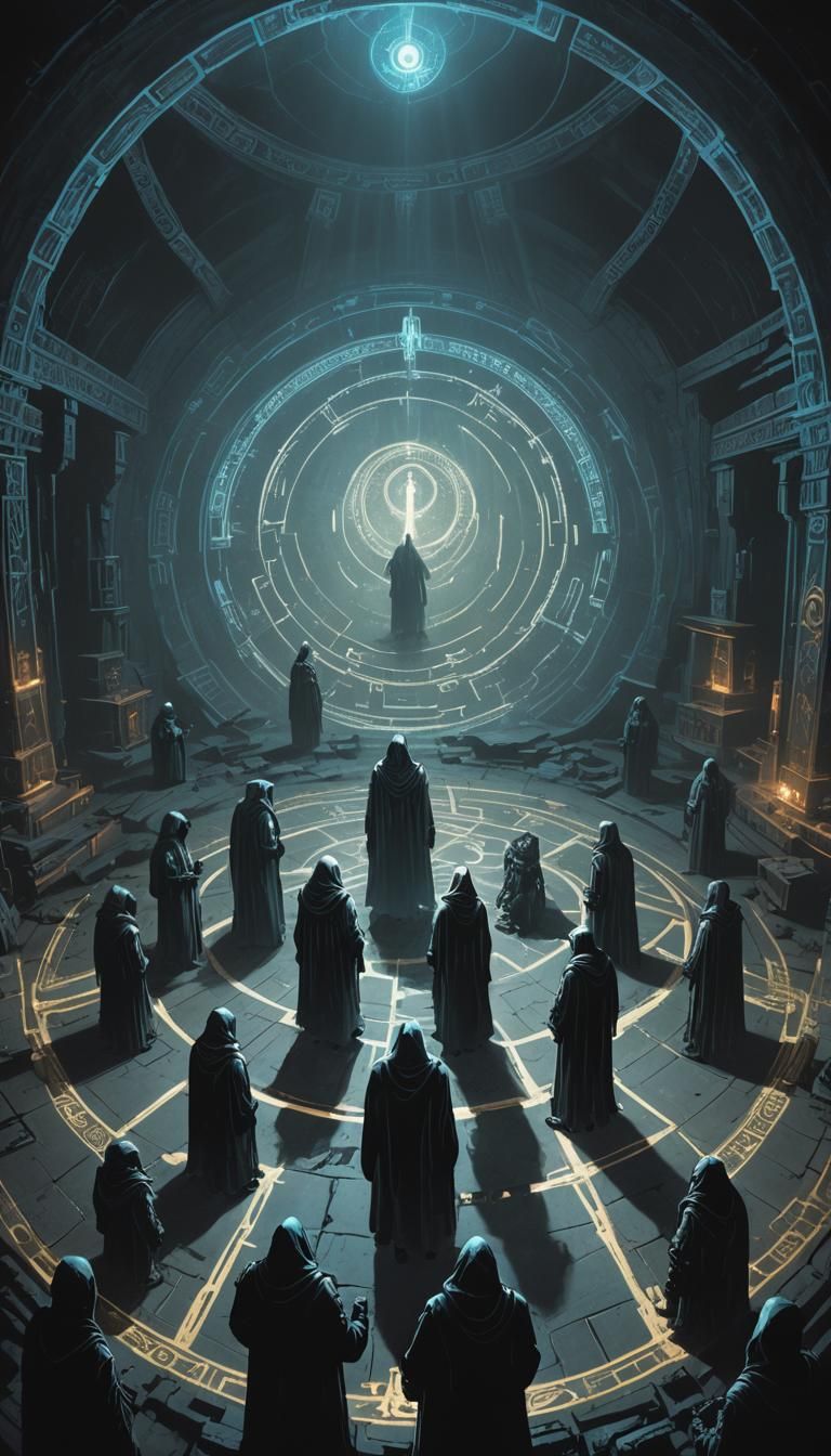 Eerie Lit Chamber with Hooded Figures
