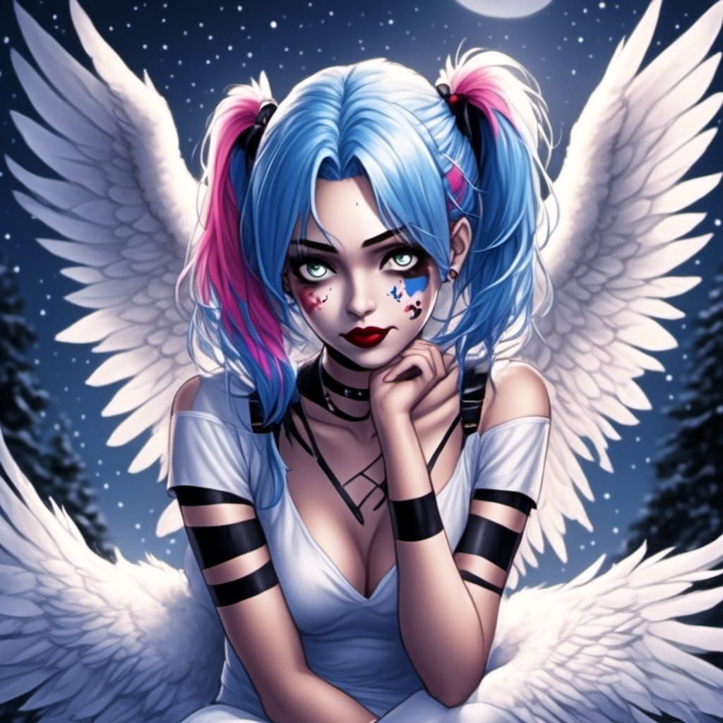 Gorgeous Fallen Angel with Blue Hair in Moonlight