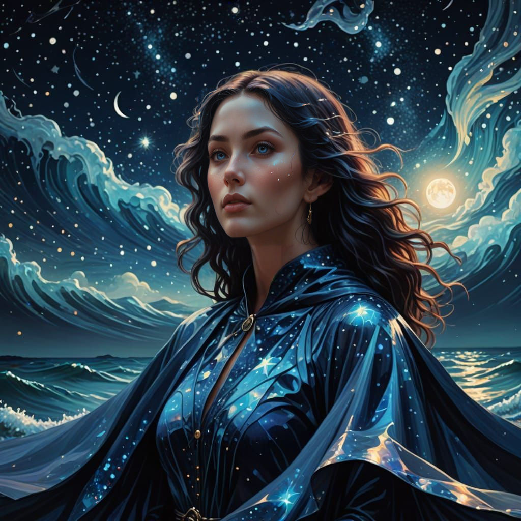 Water woman rising from rippling waves. Dressed in dark blue...