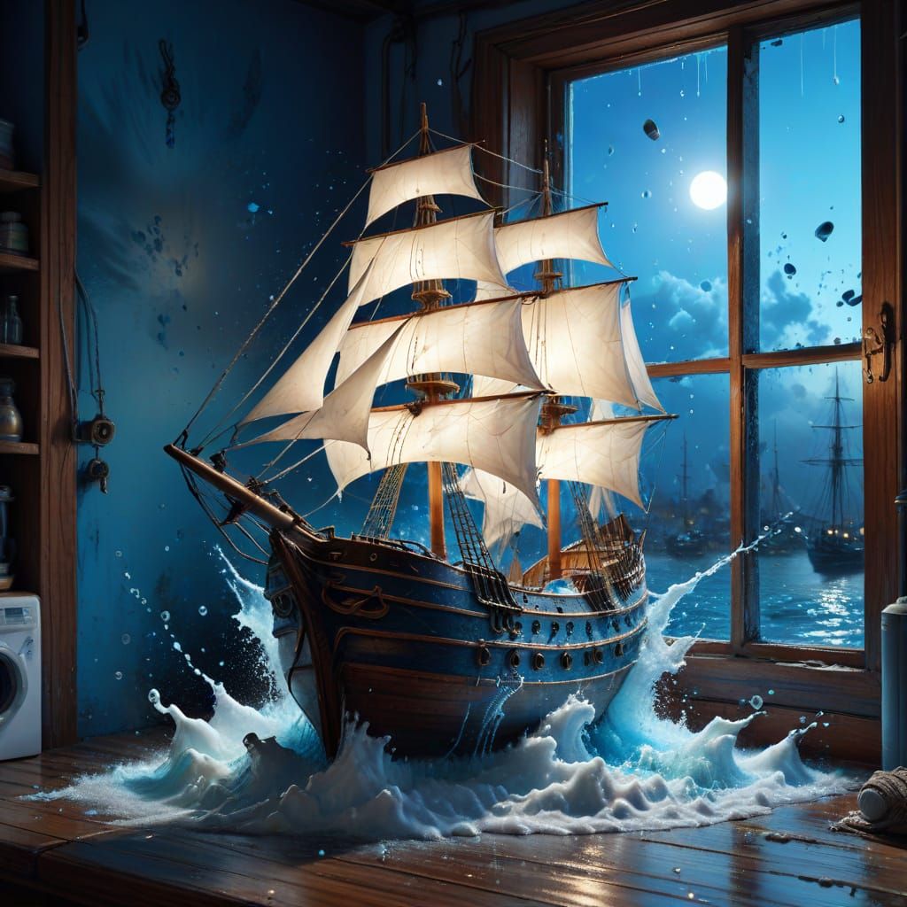 Sailing Ship Emerges from Washing Machine in Fantasy Realism