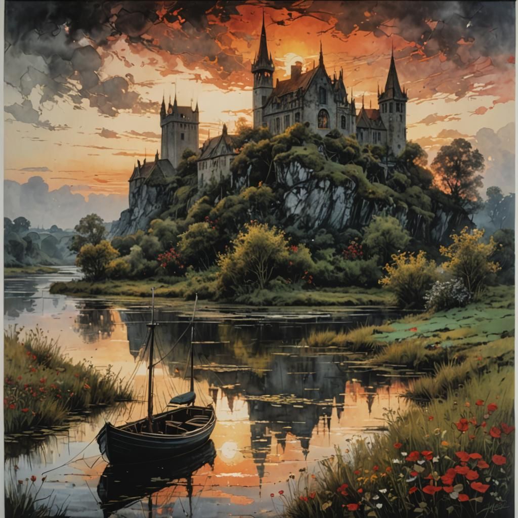 Swamp River Sunset: Steampunk Ink Painting